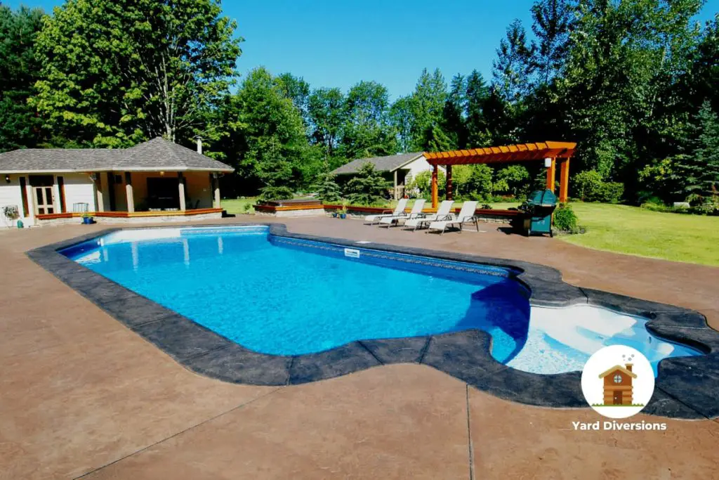 backyard pool with a pergola and nice patio chairs to relax in which adds value as an entertainment space to the home