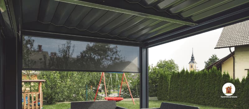 metal pergola roof covering the relaxing patio space helping lower direct sun exposure