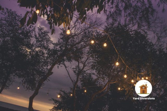 Outdoor patio lighting on strung up lights