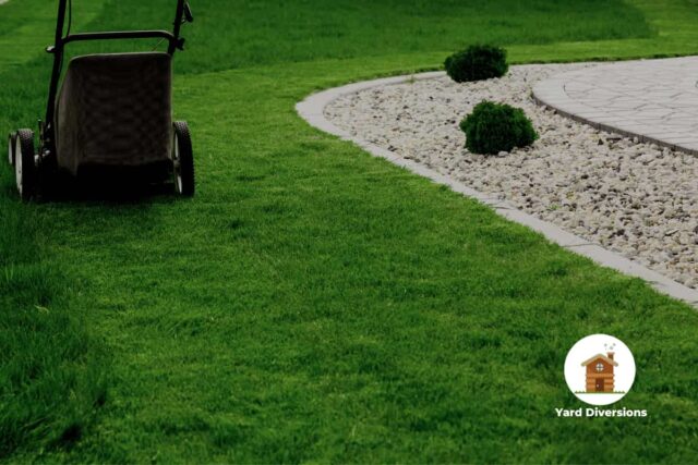 grass being mowed in the backyard, dark out storms and rain possibly coming in