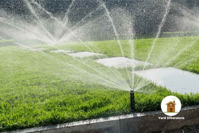 Sprinklers watering the lawn with concrete slab walkway