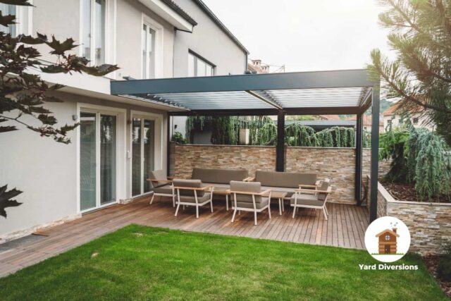 Nice simple backyard patio with a slight slope away from the house