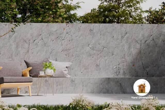 long concrete patio seat allowing many people to sit without needing individual patio furniture