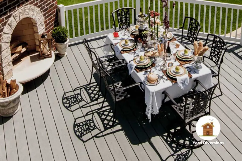 full table and chairs set for 6 people wth loads of open space on the patio for perfect entertaining.