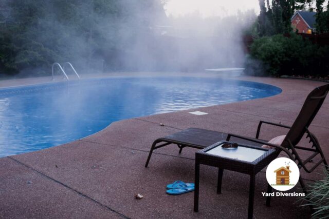 Pool steaming due to being heate while the air is crisp and cold