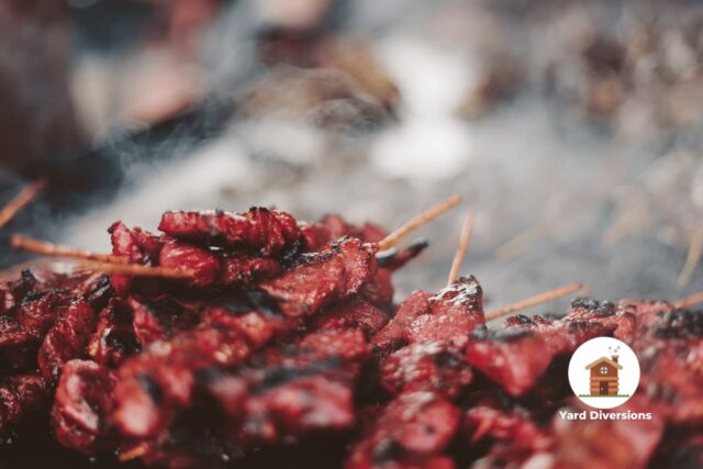 Meat on skewers cooking over a grill