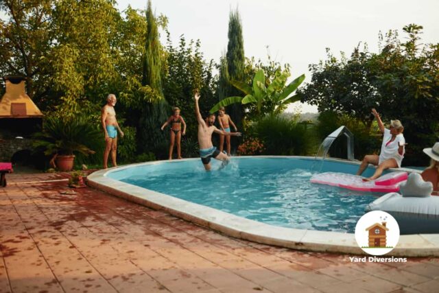 Family enjoying a summer play session in the backyard pool