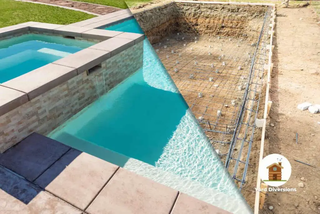 cool cut over image of a pool in construction and the finished pool showing how they look before and after