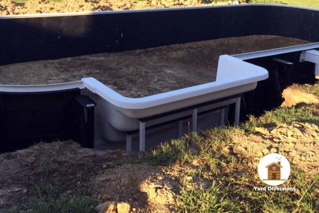 New pool being installed into a backyard after the ground was cleared away and leveled