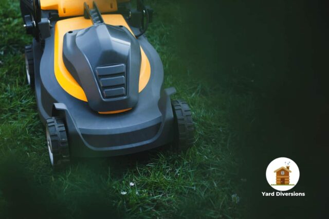 Close up of a yellow and black electric lawnmower