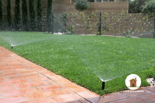 Sprinkler watering the small section of backyard grass