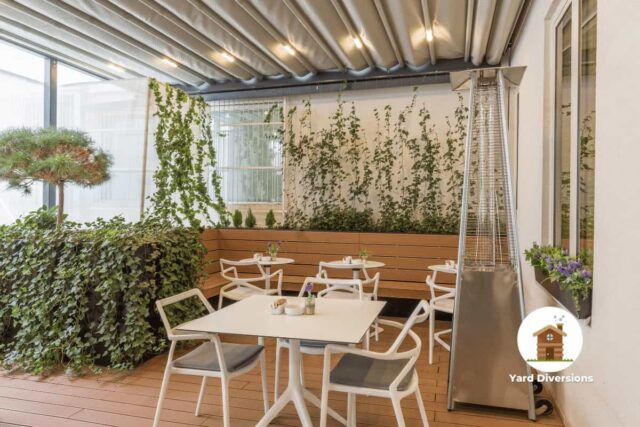 Patio heater set up under a canopy