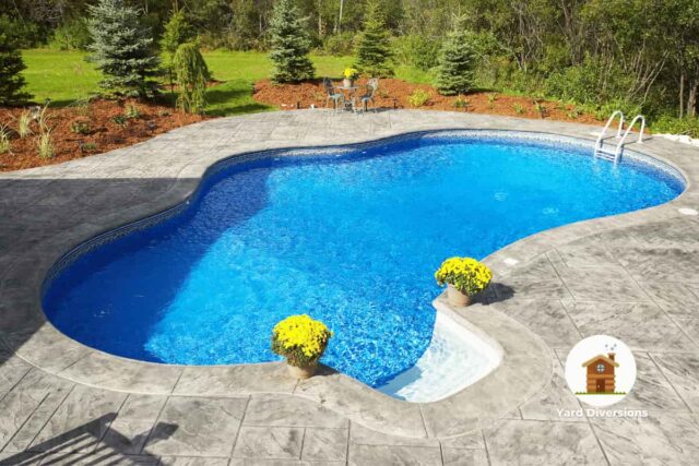High-quality backyard pool iwith a easy entry and well landscaped yard