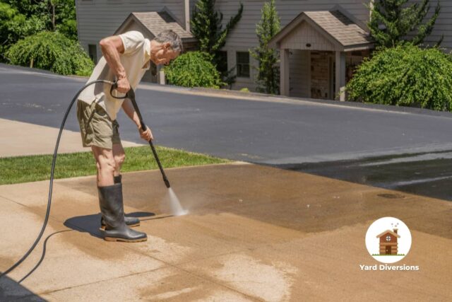 Man power washing his driveway