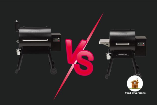 traeger pro 780 vs ironwood 650 on a black background with a versus