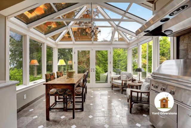 Well lit and open feeling sunroom surrounded by open glass