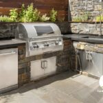 Backyard patio cook set with bbq, under cabinet fridge and more
