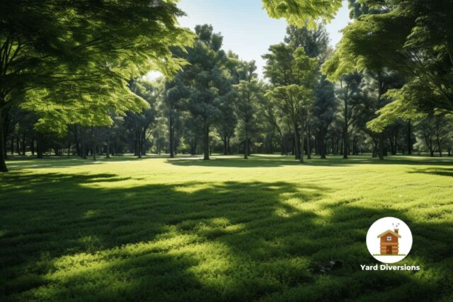 an image showcasing a lush and vibrant lawn nestled in the shade of tall trees