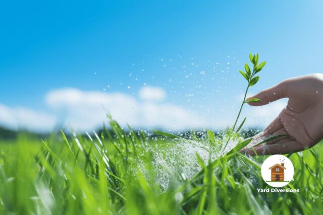 an image that showcases a vibrant green lawn under a clear blue sky, with a pair of hands gently scattering granular fertilizer evenly across the fresh, young grass blades, ensuring optimal growth and health