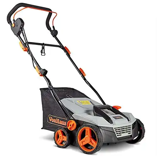 VonHaus 2 in 1 Electric Lawn Dethatcher Scarifier & Aerator 12.5 Amp Corded Motor – 15” Working Width, 5 Adjustable Working Depths, 45QT Collection Bag, Folding Handle – for Lawn Health &...