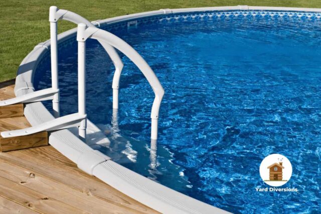 Closeup of an above ground pool from custom dcking and access ladder