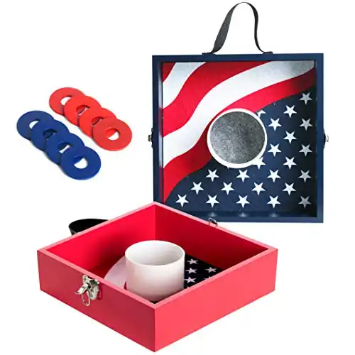 Wooden Washer Toss Game Outdoor Games Giant Yard Lawn Games Flag Pattern with 8 Washers and Handle for Beach,Camping, Lawn and Backyard