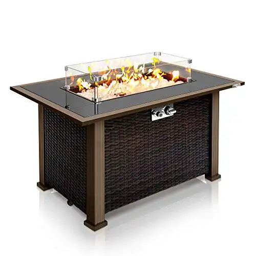 SereneLife Outdoor Propane Fire Pit Table - CSA Approved Safe 50,000BTU Auto-Ignition Propane Gas Fire Table - Rattan Panel, Glass Wind Guard, Black Tempered Glass Tabletop, Clear Glass Rock SLFPTL