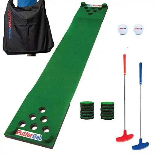 PutterBall Golf Pong Game Set The Original – Includes 2 Putters, 2 Golf Balls, Green Putting Pong Golf Mat, Hole Covers & Carrying Case- Best Backyard Party Golf Game Set