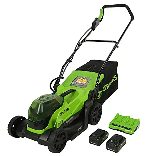 Greenworks 2 x 24V (48V) 14" Brushless Cordless Lawn Mower, (2) 4.0Ah USB Batteries (USB Hub) and Dual Port Rapid Charger Included