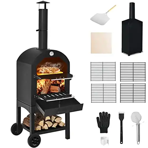 Giantex Pizza Oven Outdoor, Wood Fire Pizza Grill Maker with Waterproof Cover, Pizza Stone and Peel, 2 Layer Steel Pizza Oven Cooker with Wheels for Barbecue Camping Backyard Party