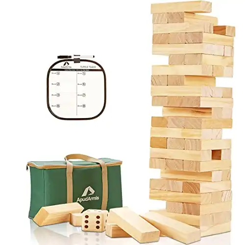 ApudArmis Giant Tumble Tower (Stack from 2Ft to Over 4.2Ft), 54 PCS Pine Wooden Stacking Timber Game with 1 Dice Set – Classic Block Giant Outdoor Game for Kids Adults Family