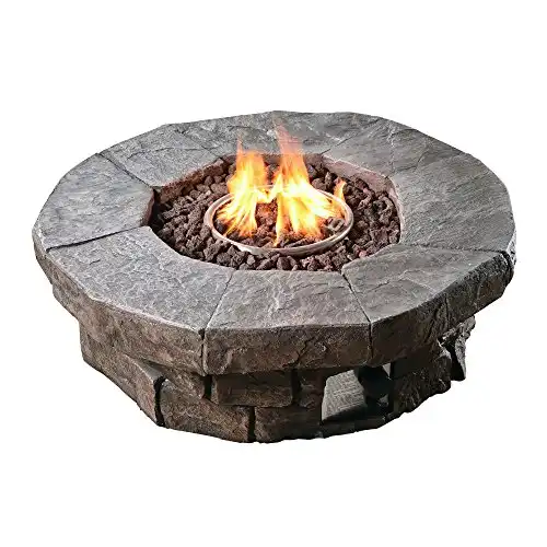 Teamson Home 50,000 BTU Round Concrete Look Steel Outdoor Fire Pit Outside Propane Gas Firepit with 13 Pounds Lava Rocks and PVC Cover for Outdoor Patio Backyard Deck Décor, 37 Inch, Dark Brown