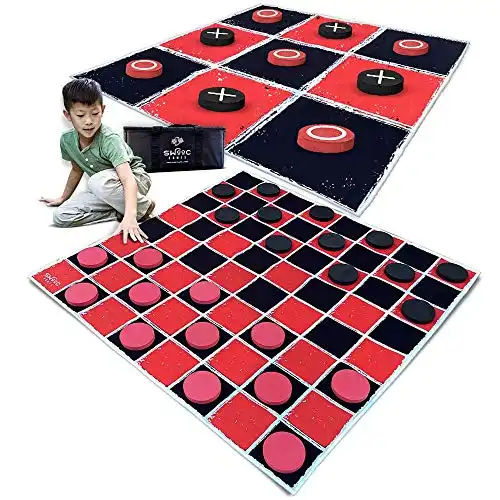 SWOOC Games for The Whole Family – 2-in-1 Vintage Giant Checkers & Tic Tac Toe Game with Mat ( 4ft x 4ft ) – 100% Machine-Washable Canvas with 5″ Big Foam Discs – Yard Size...