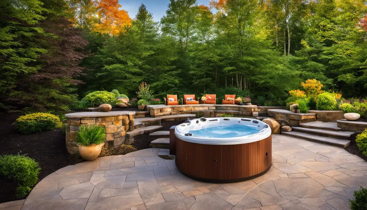 Image of a hot tub installation with the surroundings landscaped and decorated