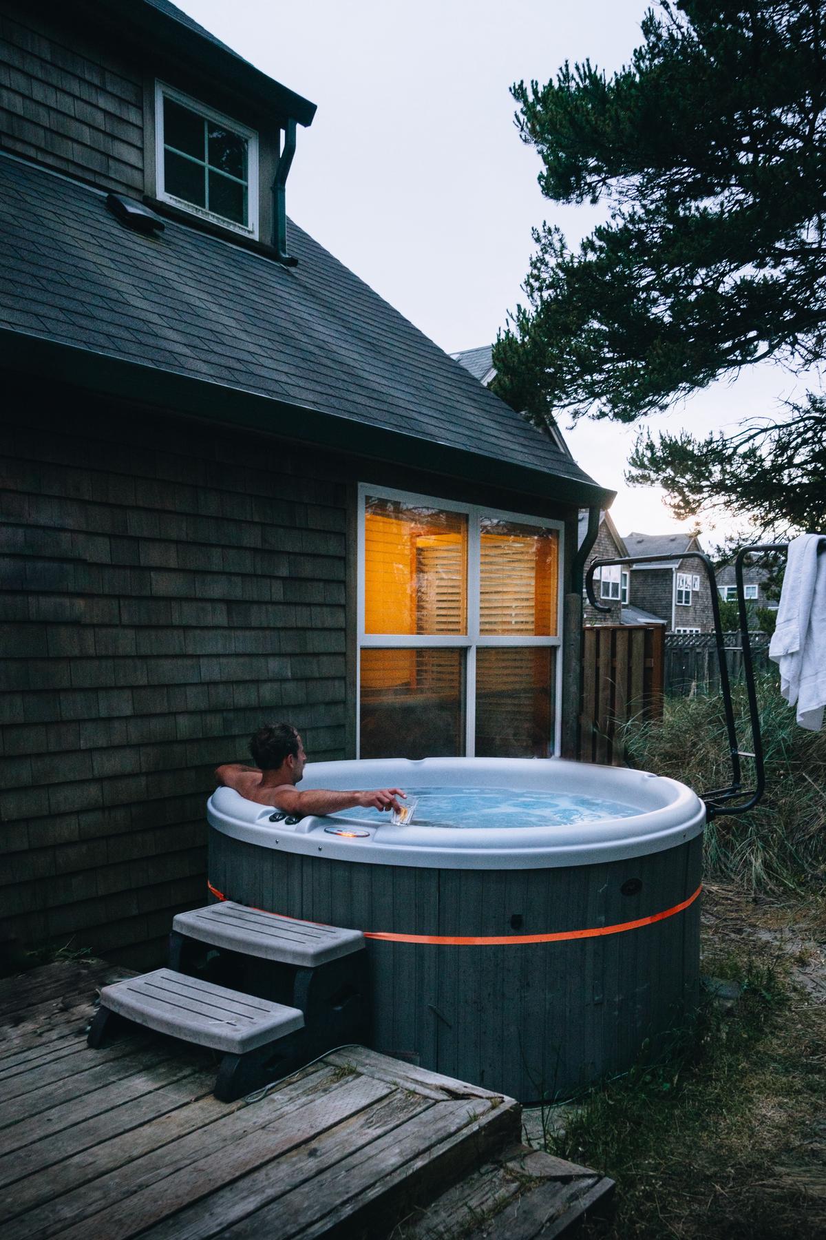 Image of portable hot tubs in a backyard setting